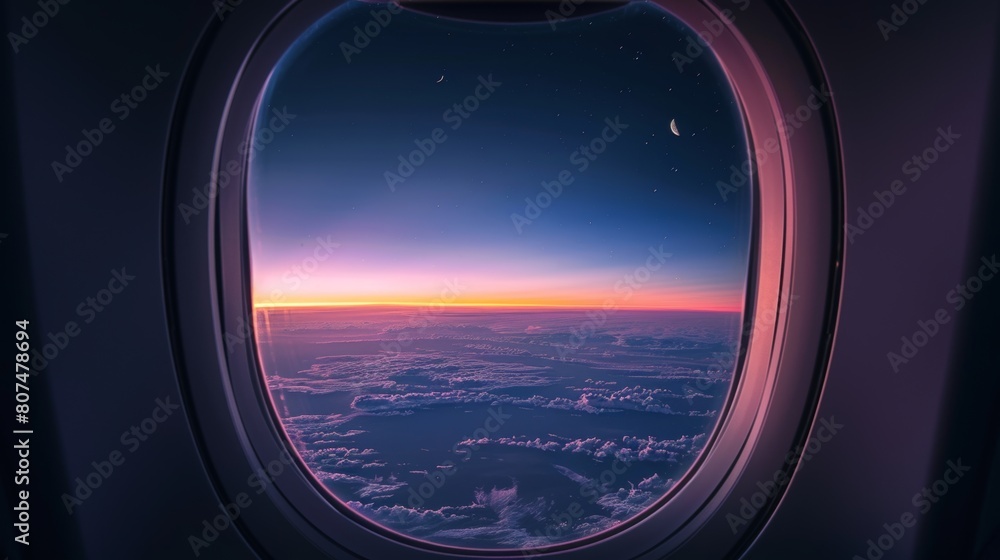 Vibrant sunset colors seen through an airplane window over clouds.