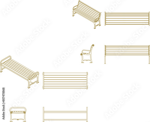 vector illustration sketch design drawing of park and cafe benches for sitting, classic vintage ethnic model 