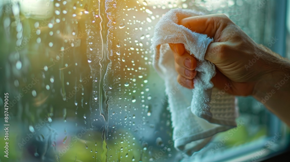 Detailed image of a hand cleaning a glass pane indoors, highlighting the gleam of hygiene with a damp cloth napkin Detailed image of a hand cleaning a glass pane indoors, highlighting the gleam of hygiene with a damp cloth napkin