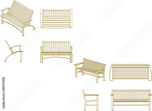 vector illustration sketch design drawing of park and cafe benches for sitting, classic vintage ethnic model