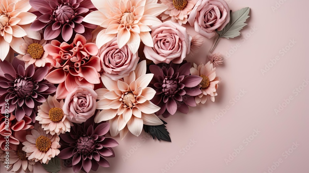 top view of beautiful flowers on pink background for valentine banner or poster top view of beautiful flowers on pink background for valentine banner or poster