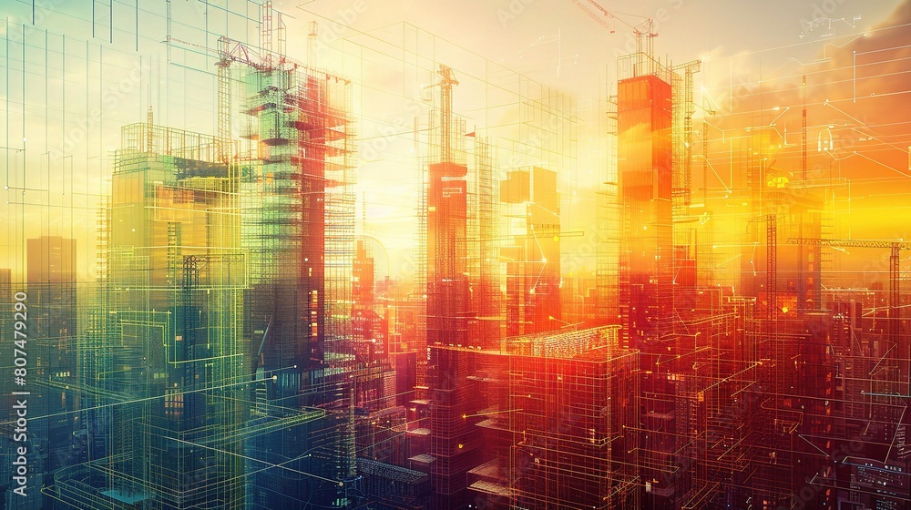 Obraz premium A futuristic depiction of modern construction techniques, with vibrant colors and digital interfaces showcasing innovative building materials and construction processes