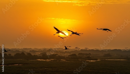 Serene Silhouette  Cranes Soaring Against a Majestic Sunset