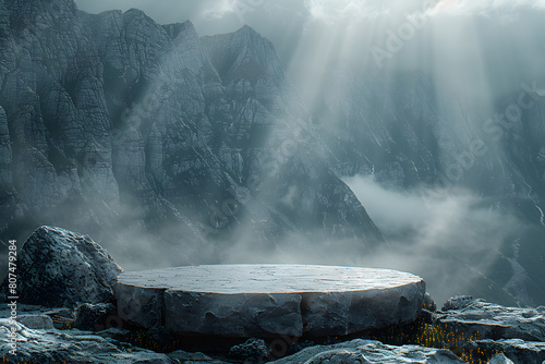Empty stylish dark menly stone podium 3D mockup background, beauty product presentation concept. Copy space platform surrounded by rocks mountains fog fire . Cosmetics, perfume sales advertising stand