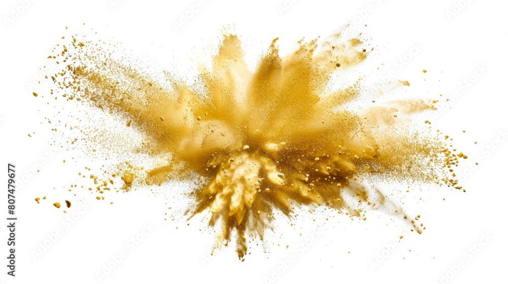 Vivid capture of a gold dust explosion against a white background. Vivid capture of a gold dust explosion against a white background.