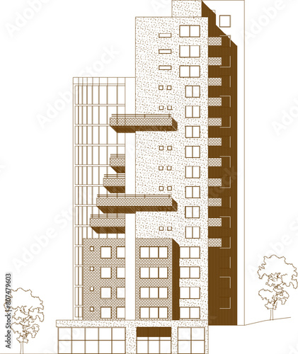 vector illustration sketch design architectural drawing of multi-storey apartment hotel buildings in big cities