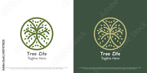 Oak tree logo design illustration. Silhouette of green tree plant olive leaves seed sprout fresh rural bio evergreen foliage garden floral park nature. Modern minimalist simple flat icon symbol