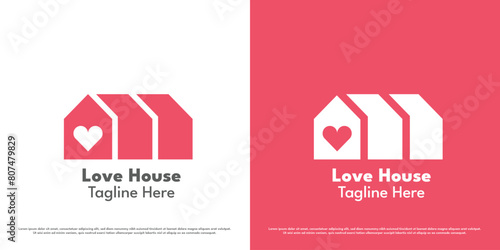 Heart house logo design illustration. Silhouette of building a house of love care charity help support kind peace calm gentle pink cute happy estate. Minimal life simple flat icon symbol.