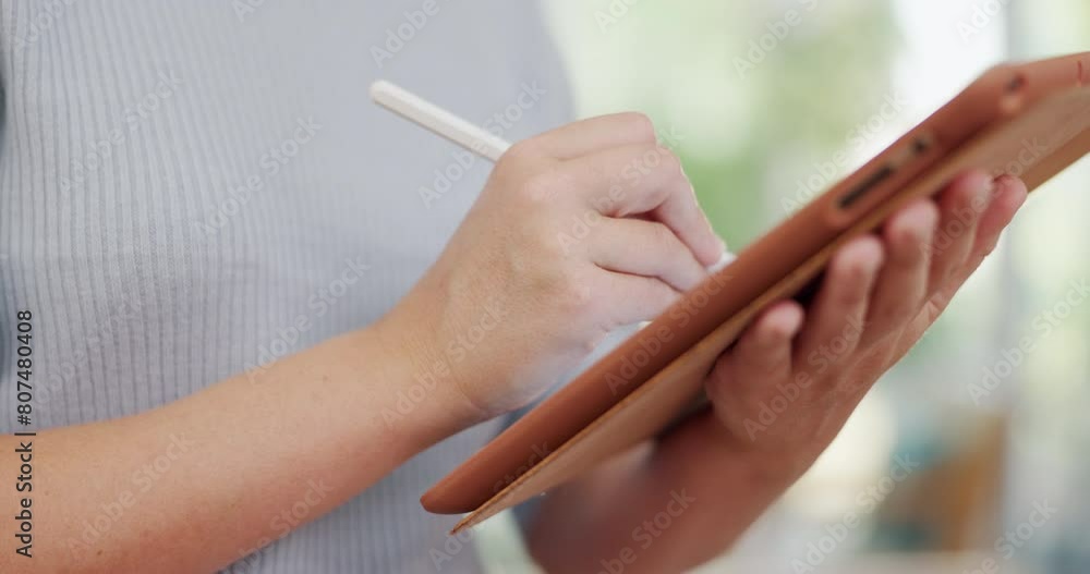 Video Stock Hands, tablet and writing with stylus for notes in office
