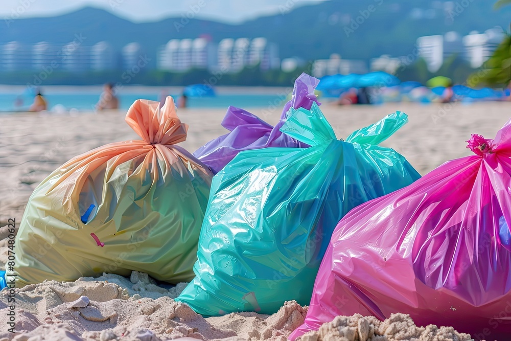 Urban Beach Cleanup: Colorful Piles of Recyclable Bags Amidst Cityscape Urban Beach Cleanup: Colorful Piles of Recyclable Bags Amidst Cityscape