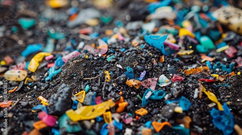 Close-up of soil contaminated with brightly colored, weathered plastic fragments, underlining the pollution issue photo