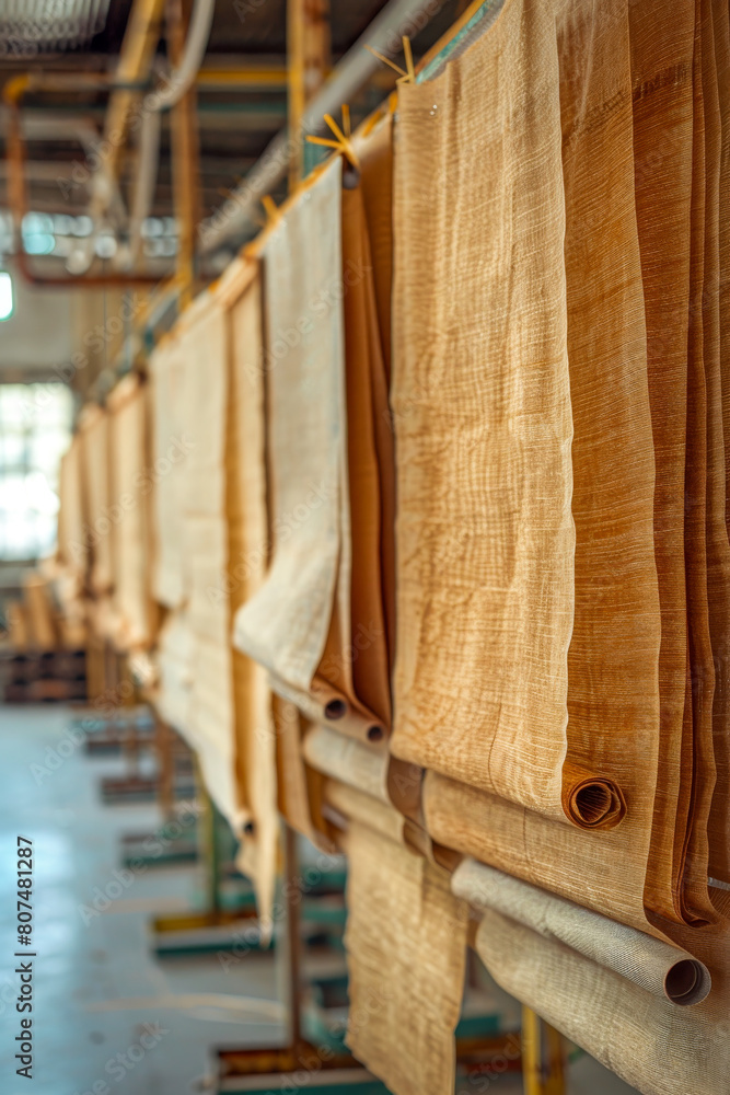 Textile Factory Interior with Hanging Fabric Rolls in Warm Light