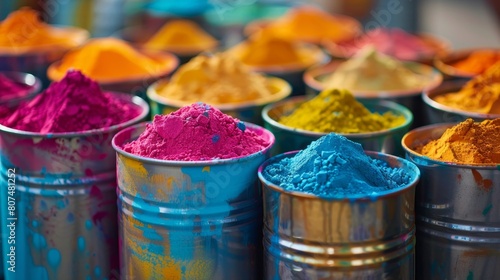 Close-up of open cans filled with multicolored powder, used in the Holi festival, capturing the spirit of festive vibrancy