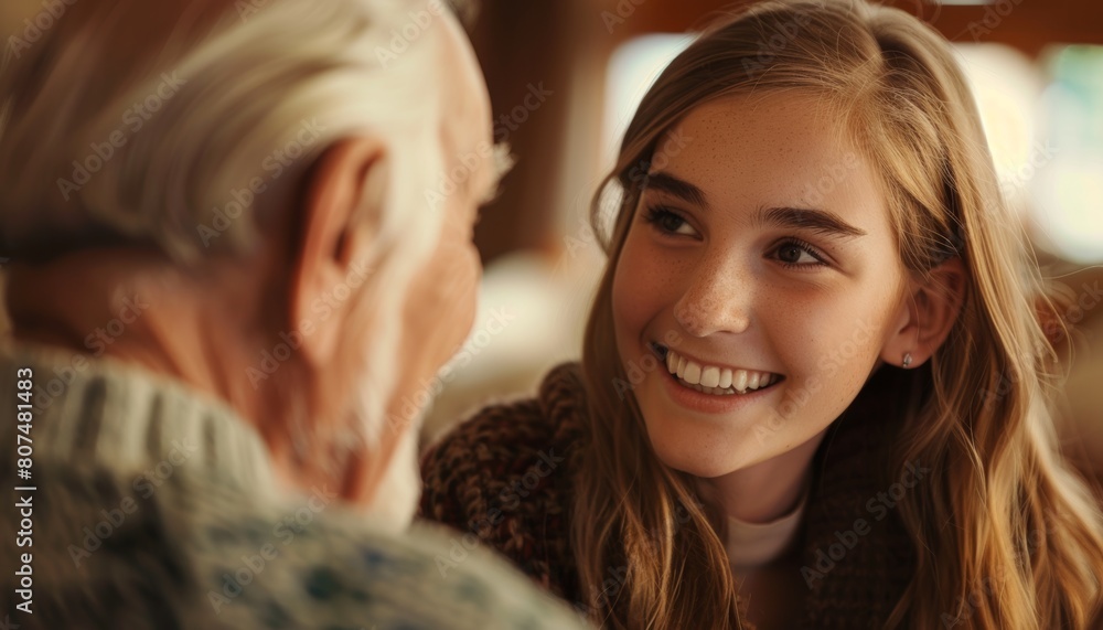 Elderly man with glasses and granddaughter smiling warmly at each other indoors. Elderly man with glasses and granddaughter smiling warmly at each other indoors.