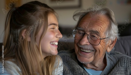 Elderly man with glasses sharing a joyful moment with young granddaughter indoors.
