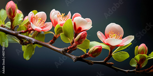 Vibrant Spring Blossoms on a Branch   Close up of Flowering Quince photo
