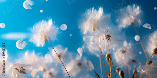 Serene Dandelion Seeds Blowing in Blue Sky Background