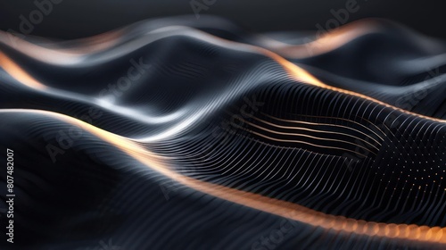 A 3D render of a flowing wave of black and orange lines