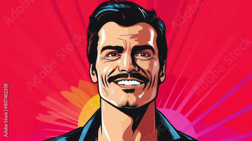 A man with a mustache is smiling in a red background