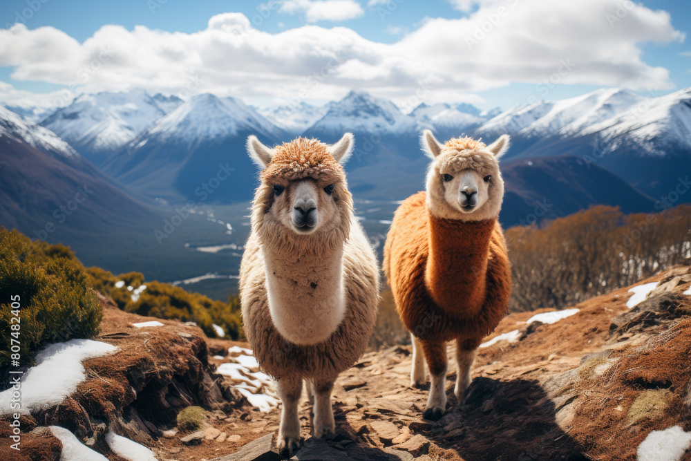 Fototapeta premium Alpacas in Mountainous Terrain with Snow Capped Peaks and Blue Sky