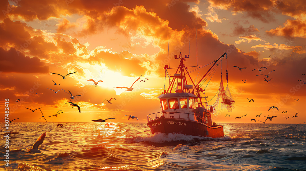 Obraz premium Fishing boat and seagulls in the red sunset sea