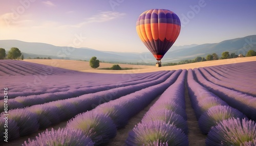 A hot air balloon drifting over a field of lavende upscaled 3 photo