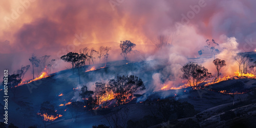 Dramatic Wildfire Engulfing Forest at Dusk with Intense Flames and Smoke © smth.design