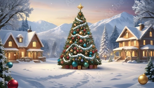 Design a snowy scene with a majestic christmas tre photo
