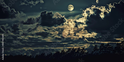 Enchanting Full Moon Rising Over Silhouetted Forest Against Cloudy Night Sky