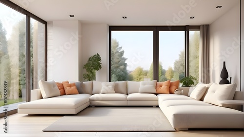Modern living room interior design in a minimalist manner. Sofa in a corner next to a floor-to-ceiling window. A terraced room in the house.