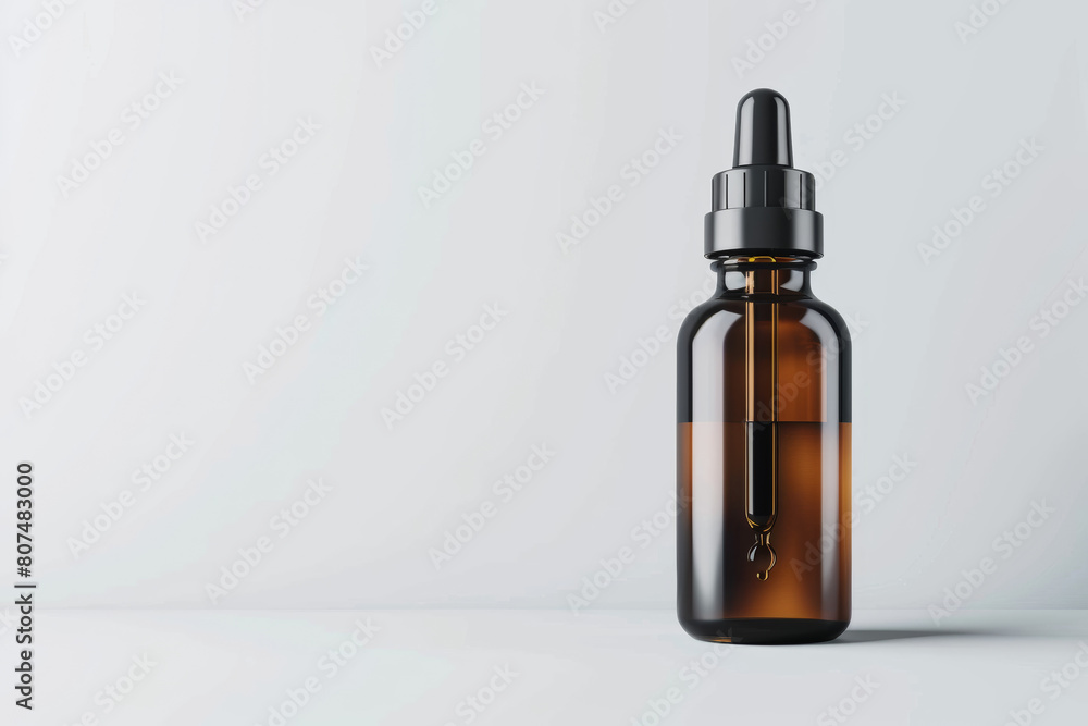 Glass bottle containing a serum for skincare displayed on a white background. Visual representation of a dropper bottle mockup.