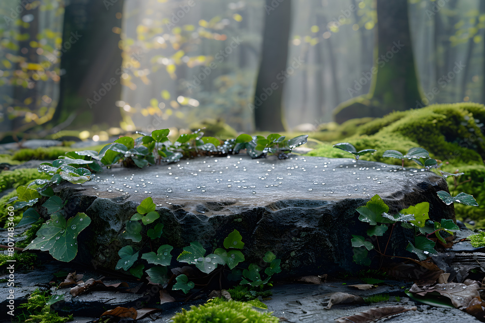 Fototapeta premium Stone podium at magic forest, plants, green moss, herbs, dew - 3D mockup background beauty product presentation concept. Copy space platform for Cosmetics, perfume fashion sales advertising stand.
