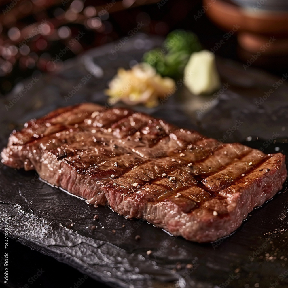 Realistic photo of Wagyu beef steak menu with medium doneness, Japanese restaurant background Realistic photo of Wagyu beef steak menu with medium doneness, Japanese restaurant background