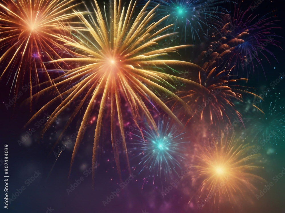 Fototapeta premium Colorful vibrant glittering fireworks Background with glow smoke and confetti banner ai generative