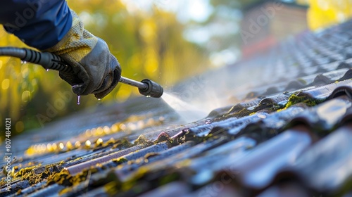 Close-up of a professional worker using a high-pressure washer on a house roof, emphasizing the powerful cleaning action photo