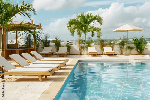 Swimming pool and sun loungers at stylish tropical spa hotel  summertime banner mockup. Summer travel sales and vacation concept.