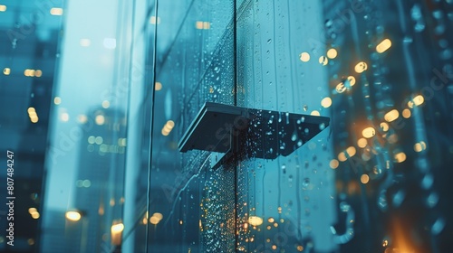 Close-up of a glass cleaner's squeegee sliding down the window of a tall building, showcasing technique and city reflections photo