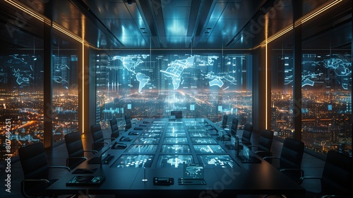 Modern conference room with holographic world maps and city views
