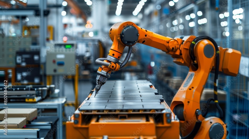 Close-up image of a robot operating an air nail gun, securing roofing materials, with the backdrop of a factory under repair Close-up image of a robot operating an air nail gun, securing roofing materials, with the backdrop of a factory under repair