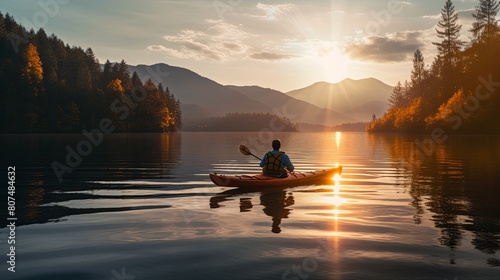 Tourist sails kayak along calm lake at gentle sunrise light discovering wild nature-Ai Generated