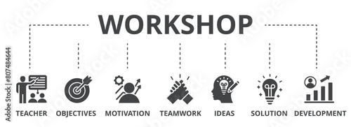 Workshop concept icon illustration contain teacher, objectives, motivation, teamwork, ideas, solution and development.