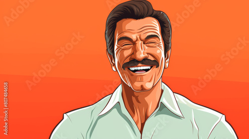 A man with a mustache is smiling and laughing