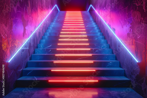 A stairway illuminated by vibrant neon lighting