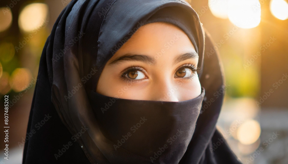 Captivating Muslim teenage girl in black niqab gazes warmly, with copy space Captivating Muslim teenage girl in black niqab gazes warmly, with copy space