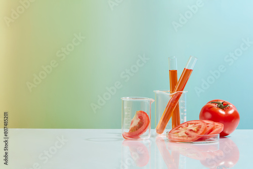 Front view photo at gradient background, a petri dish of tomato slices, test tube with tomato extract and a tomato piece in beaker placed on white flat form. Space for designing and advertising photo