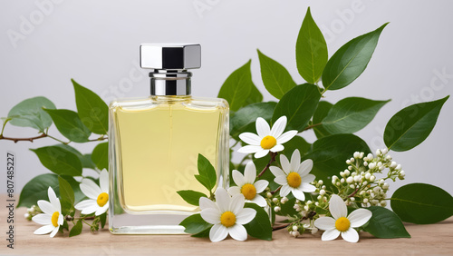 Mockup of a glass perfume bottle with flowers