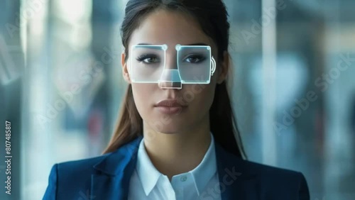 portrait Face recognition technology scanning young businesswoman face biometrical authentication. photo