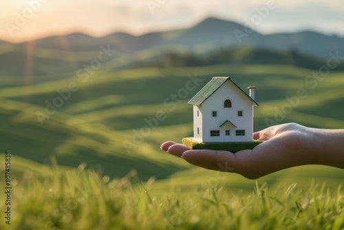 Concept of buying or building new home. Humen hand showing, offering a new dream house at the green field with copy space. photo