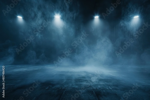 Dark street, asphalt abstract dark blue background, empty dark scene, neon light, spotlights The concrete floor and studio room with smoke float up the interior texture for - generative ai