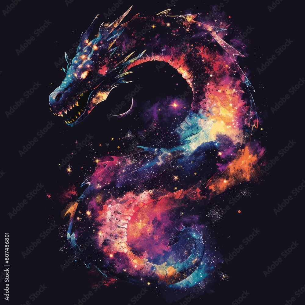 Fototapeta premium Dragon T-Shirt design that curves across the Milky Way, combining fantasy with astrophotography, stars and nebulae along the back, Ai Generated Images